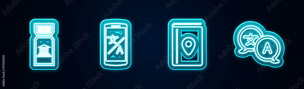 Set line Museum ticket, Online translator, Cover book travel guide and Translator. Glowing neon icon. Vector Set line Museum ticket, Online translator, Cover book travel guide and Translator. Glowing neon icon. Vector