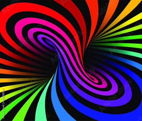 Vector illustration of torus inside view with geometrical hypnotic psychedelic colorful stripes on black background.