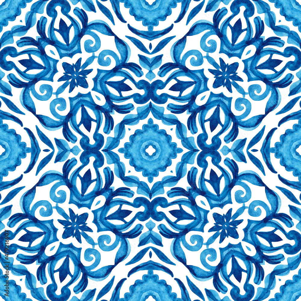 Abstract seamless ornamental watercolor arabesque tile pattern for fabric