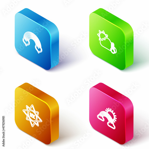 Set Isometric line Rainbow with heart, Thermometer and cloud, sun, UV protection and clouds icon. Vector