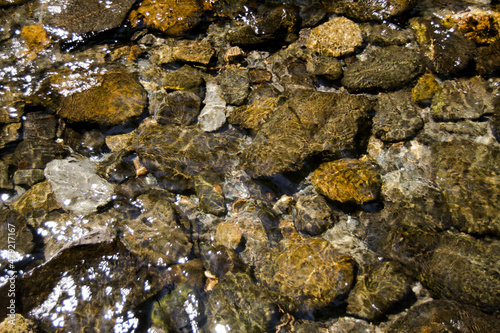 Fondo de un río de agua cristalina con piedras