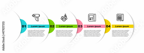 Set line Electric industrial dryer, circular saw, House intercom system and Telephone. Business infographic template. Vector