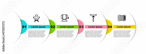 Set line Barbecue grill, Wooden barrel on rack, Sausage the fork and Accordion. Business infographic template. Vector