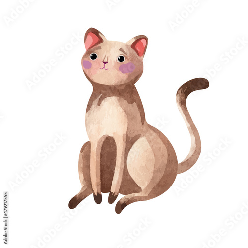 Cute Kids brown cat Sitting with pink cheeks. Funny watercolor animal greeting card for children