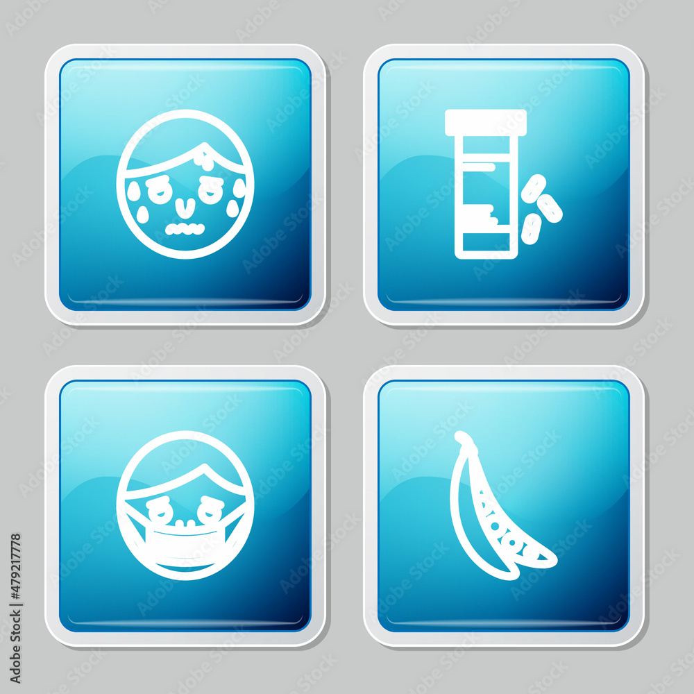Set line Man with excessive sweating, Medicine bottle and pills, Face protective mask and Kidney beans icon. Vector Set line Man with excessive sweating, Medicine bottle and pills, Face protective mask and Kidney beans icon. Vector