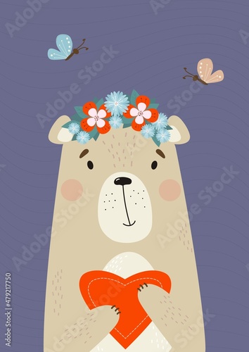 Poster with Cute teddy bear with big heart in floral wreath on purple background with butterflies. Vector illustration. For design, room decor, valentines day greeting cards, kids collection