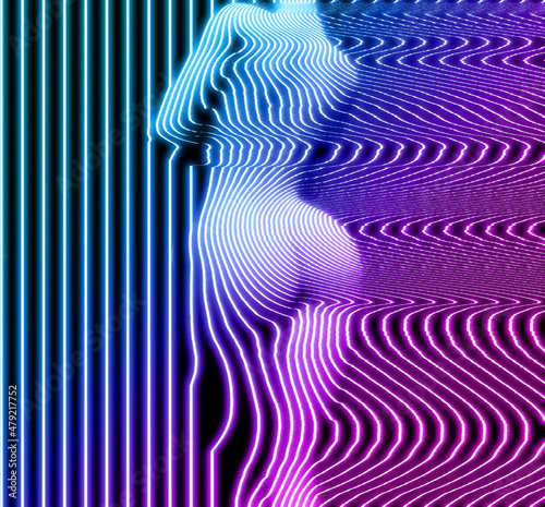 Pink and blue vaporwave style oscilloscope digital illustration of 3D relief of a nude woman sexy body made of vertical glitched lines on black background. photo