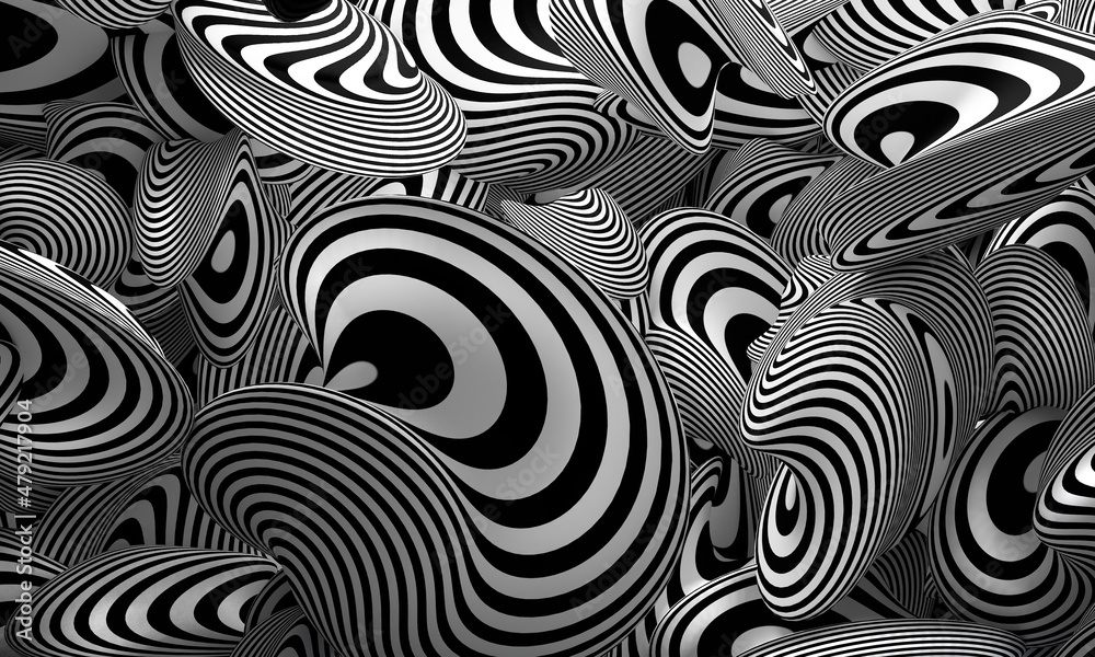 Abstract 3d illustration rendering background of falling black and white striped deformed balls.