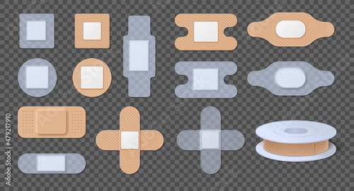 Realistic transparent and beige medical adhesive bandages and plasters. Round wound patches. Elastic antibacterial band aid tape vector set