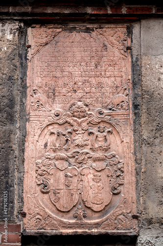 Medieval stone script and carvings on the exterior of Frauenkirche in Munich