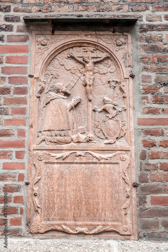 Medieval stone script and carvings on the exterior of Frauenkirche in Munich