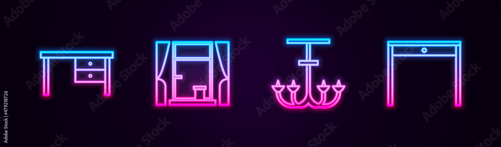 Set line Office desk, Window with curtains, Chandelier and Wooden table. Glowing neon icon. Vector Set line Office desk, Window with curtains, Chandelier and Wooden table. Glowing neon icon. Vector