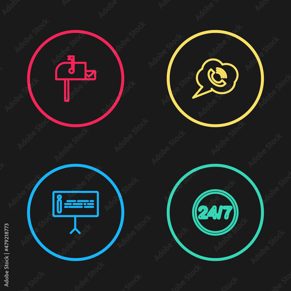 Set line Information, Clock 24 hours, Speech bubble with phone call and Open mail box icon. Vector Set line Information, Clock 24 hours, Speech bubble with phone call and Open mail box icon. Vector