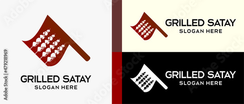 satay logo design template with satay silhouette concept in hand fan icon. creative vector logo illustration.