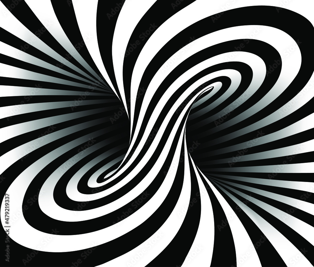 Fototapeta premium Black and white vector illustration of mobius torus inside view with geometrical hypnotic twisting striped lines. 