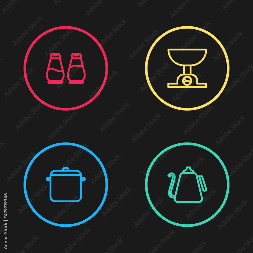 Set line Cooking pot, Kettle with handle, Electronic scales and Salt pepper icon. Vector Set line Cooking pot, Kettle with handle, Electronic scales and Salt pepper icon. Vector