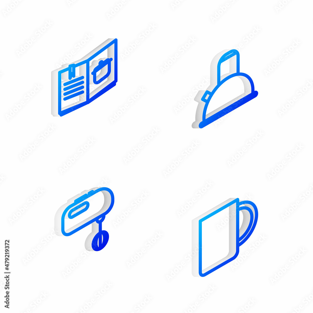 Set Isometric line Kettle with handle, Cookbook, Electric mixer and Coffee cup icon. Vector Set Isometric line Kettle with handle, Cookbook, Electric mixer and Coffee cup icon. Vector