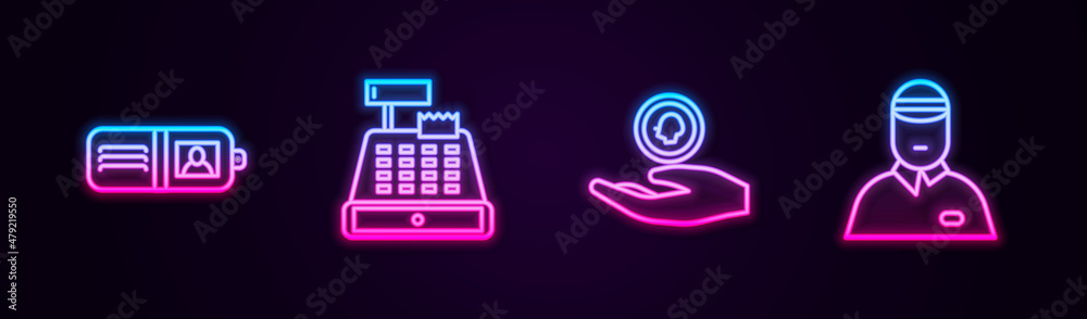 Set line Wallet, Cash register machine, Hand holding coin money and Seller. Glowing neon icon. Vector Set line Wallet, Cash register machine, Hand holding coin money and Seller. Glowing neon icon. Vector
