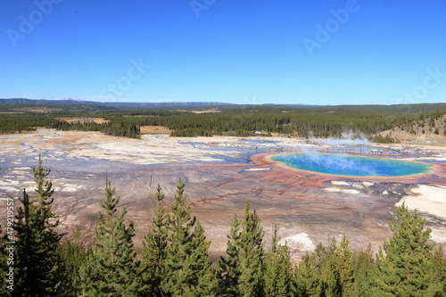 Grand Prismatic Spring and landscape of Yellowstone National Park  Wyoming  USA