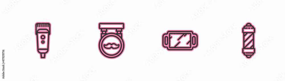 Set line Electrical hair clipper or shaver, Hand mirror, Barbershop and Classic pole icon. Vector Set line Electrical hair clipper or shaver, Hand mirror, Barbershop and Classic pole icon. Vector