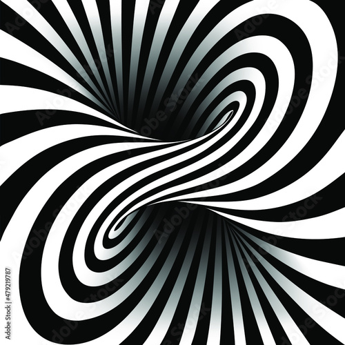 Black and white vector illustration of mobius torus inside view with geometrical hypnotic twisting striped lines. 