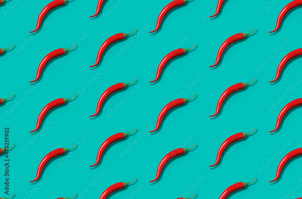Seamless pattern of red chili pepper on pastel blue background. Flat lay minimal concept design illustration. Seamless pattern of red chili pepper on pastel blue background. Flat lay minimal concept design illustration.