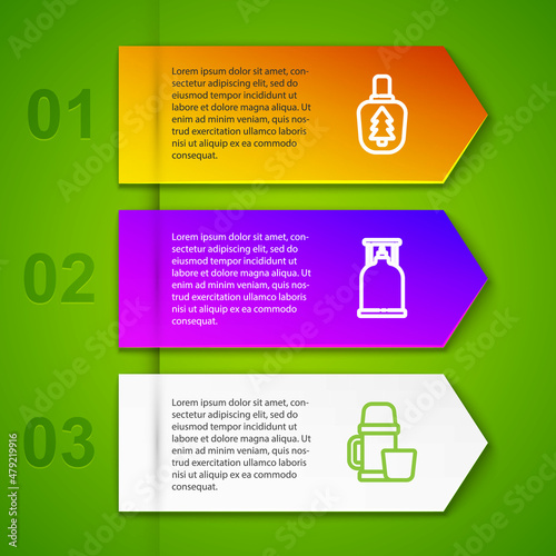 Set line Canteen water bottle, Camping gas stove, Thermos container and cup and Gps device with map. Business infographic template. Vector