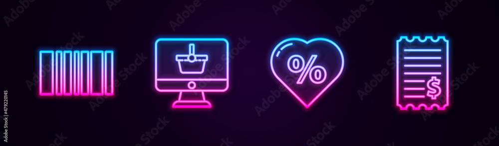 Set line Barcode, Monitor with shopping basket, Discount percent tag heart and Paper check and financial check. Glowing neon icon. Vector Set line Barcode, Monitor with shopping basket, Discount percent tag heart and Paper check and financial check. Glowing neon icon. Vector