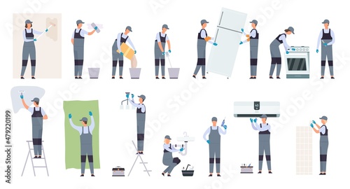 House renovation, construction, handyman service and appliances repair worker. Home masters, loader, plasterer, plumber and tiler vector set