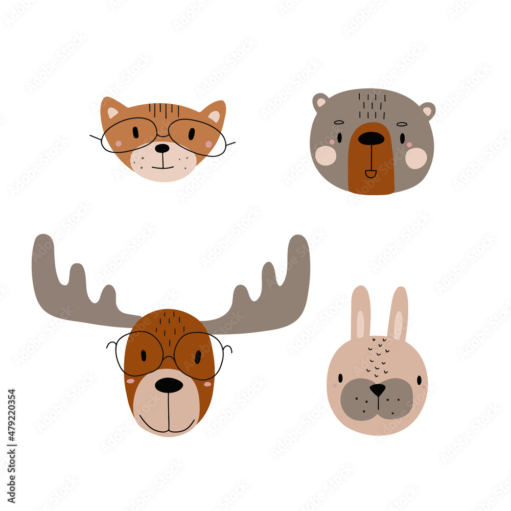 Obraz premium cute faces of scandinavian animals. Vector illustration