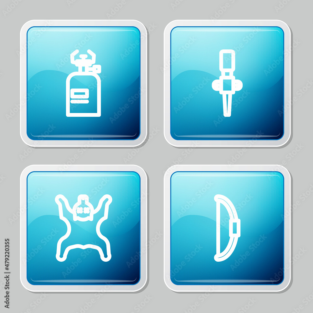 Set line Camping gas stove, Torch flame, Bear skin and Bow icon. Vector Set line Camping gas stove, Torch flame, Bear skin and Bow icon. Vector