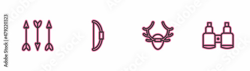 Set line Hipster arrows, Deer antlers on shield, Bow and Binoculars icon. Vector