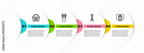 Set line Farm house, Can container for milk, Gardening handmade scissors and Location farm. Business infographic template. Vector