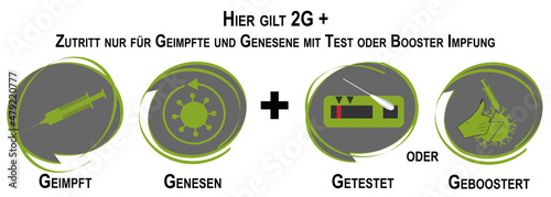 Die 2G plus Regel mit Booster Impfung. Text Deutsch( hier gilt 2G+, Zutritt nur für Geimpfte und Genesene mit Test oder Booster Impfung (geimpft, genesen + getestet oder geboostert) Vektor