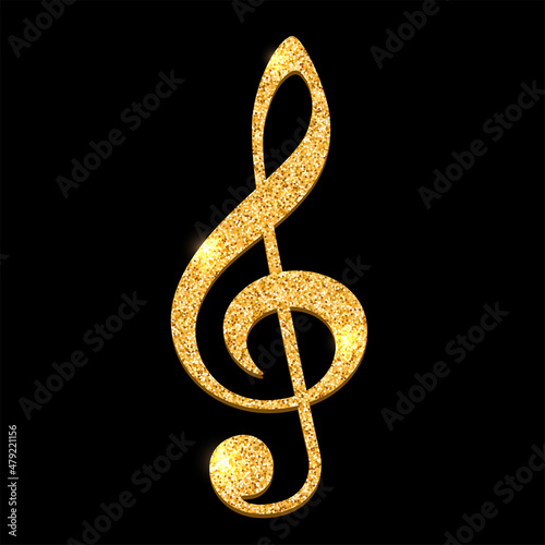 Sparkle shiny golden treble clef. Glitter Music violin clef sign. photo