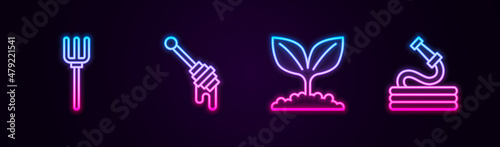 Set line Garden pitchfork, Honey dipper stick, Plant and hose. Glowing neon icon. Vector