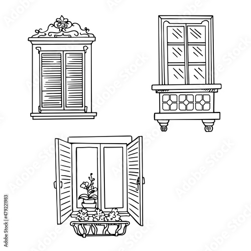 Set of funny painted windows. Doodles. Hand-drawn design elements. Vector illustration of different types of windows. Isolated on white background.