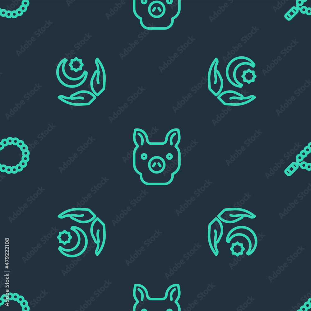 Set line Pig, Star and crescent and Rosary beads religion on seamless pattern. Vector Set line Pig, Star and crescent and Rosary beads religion on seamless pattern. Vector
