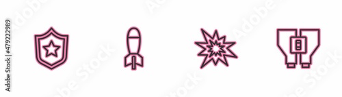 Set line Police badge, Bomb explosion, Rocket launcher and Binoculars icon. Vector