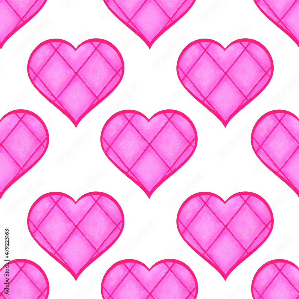 Seamless pattern with bright pink hearts with checkered lines, on a white background. Watercolor illustration. Valentine's Day. Love. For textiles, postcards, wedding invitations.