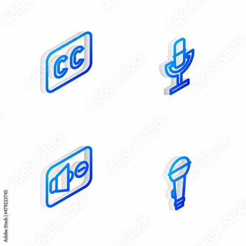 Set Isometric line Microphone, Subtitles, Speaker mute and icon. Vector