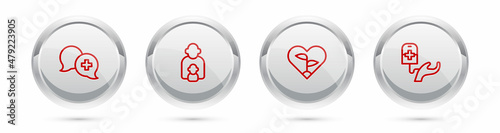 Set line Dialogue with doctor, Taking care of children, Leaf heart and Blood donation. Silver circle button. Vector