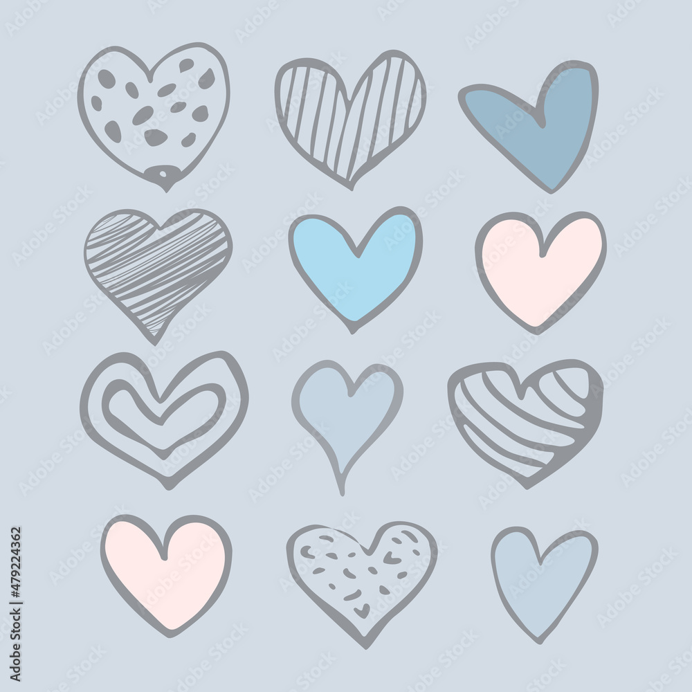 Set of twelve hand-drawn hearts isolated on a white background
