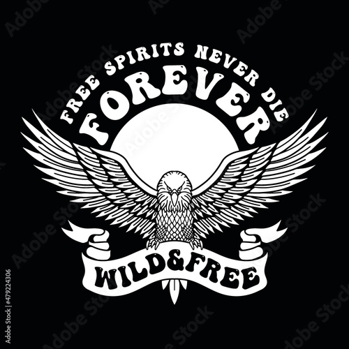 Black and White Vector Eagle Illustration with Open Wings and Slogan Artwork on Black Background