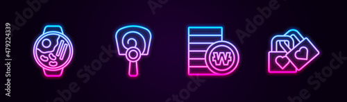 Set line Ramen  Korean hand fan  South won coin and Lock with heart. Glowing neon icon. Vector