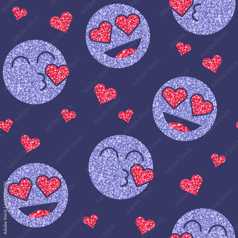 Seamless pattern with glitter emoji icon. Emoticons sticker with kiss