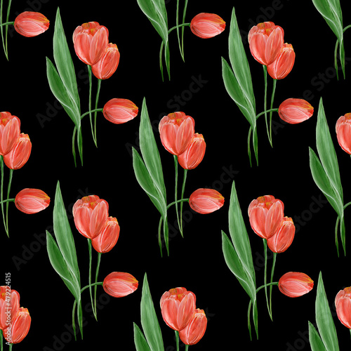 Floral seamless pattern with red realistic tulips and green leaves on a black background. Spring flowers. Watercolor illustration. For textiles  postcards  packaging.