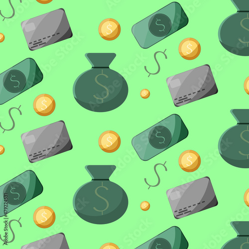 Money rain flat cartoon Seamless pattern. Green paper notes and gold coin flying in air.