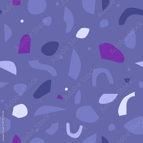 Seamless terrazzo pattern in very peri color. Contemporary stylish stone texture in Scandinavian style. Hand drawn trendy background for print, design, fabric. Vector illustration