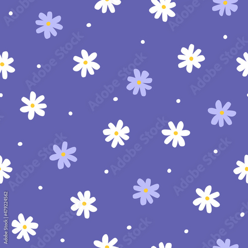 Seamless pattern with simple little flowers. Floral repeatable background with chamomile. Cute childish print. Vector illustration